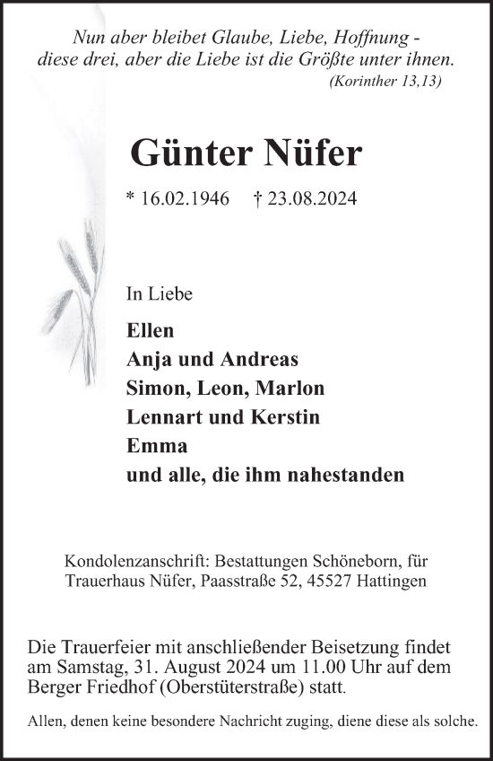 Traueranzeige von Günter Nüfer von Tageszeitung