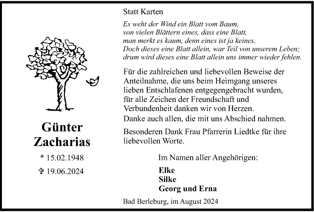  Traueranzeige für Günter Zacharias vom 16.08.2024 aus Tageszeitung