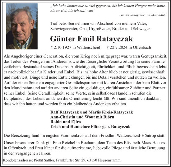 Traueranzeige von Günter Emil Ratayczak von Tageszeitung