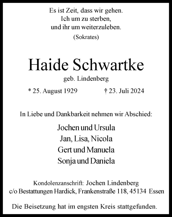 Traueranzeige von Haide Schwanke von Tageszeitung