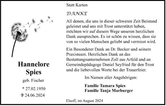 Traueranzeige von Hannelore Spies von Tageszeitung