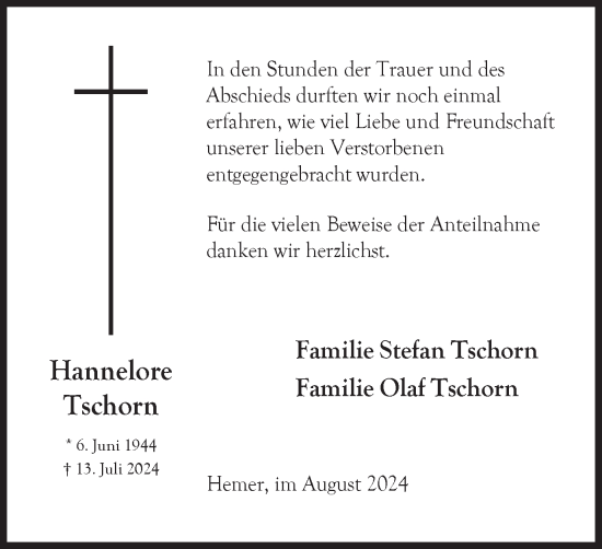 Traueranzeige von Hannelore Tschorn von Tageszeitung