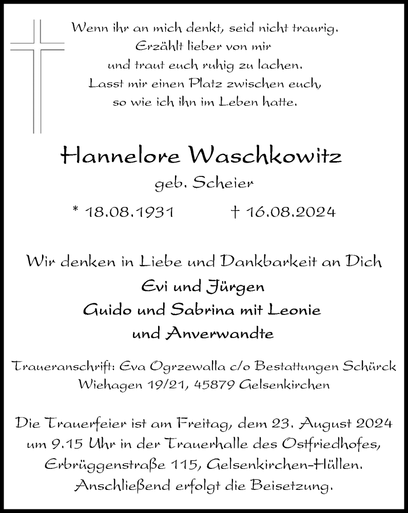  Traueranzeige für Hannelore Waschkowitz vom 17.08.2024 aus Tageszeitung