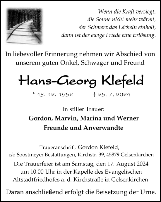 Traueranzeige von Hans-Georg Klefeld von Tageszeitung