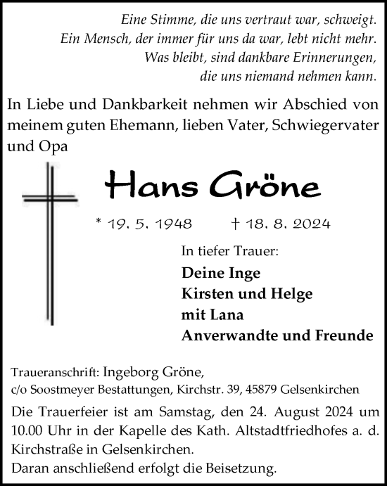 Traueranzeige von Hans Gröne von Tageszeitung
