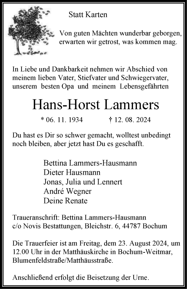  Traueranzeige für Hans-Horst Lammers vom 17.08.2024 aus Tageszeitung