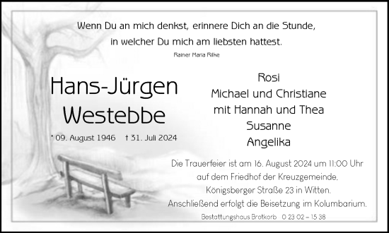 Traueranzeige von Hans-Jürgen Westebbe von Tageszeitung