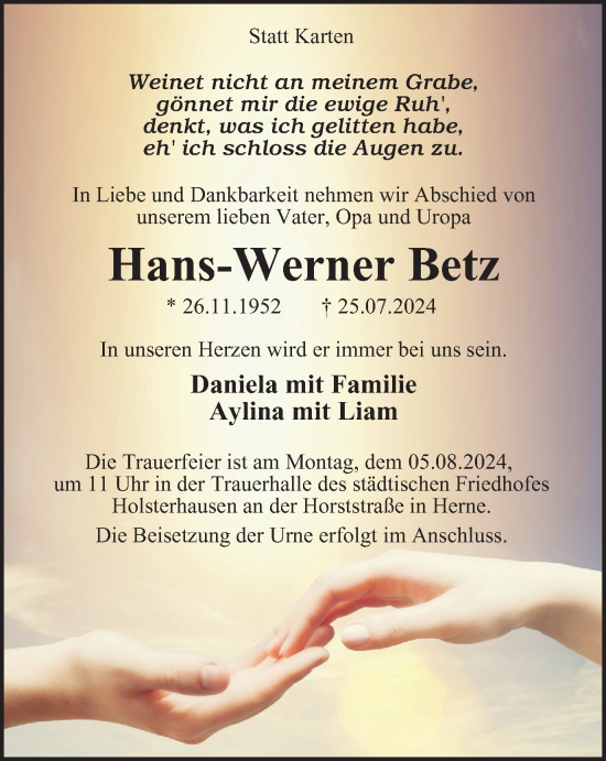 Traueranzeige von Hans-Werner Betz von Tageszeitung