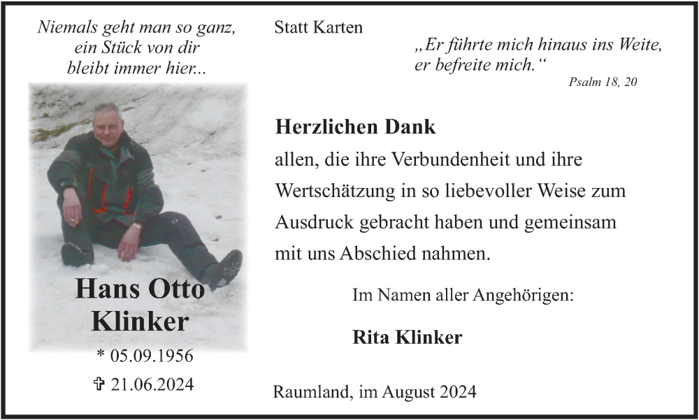  Traueranzeige für Hans Otto Klinker vom 09.08.2024 aus Tageszeitung
