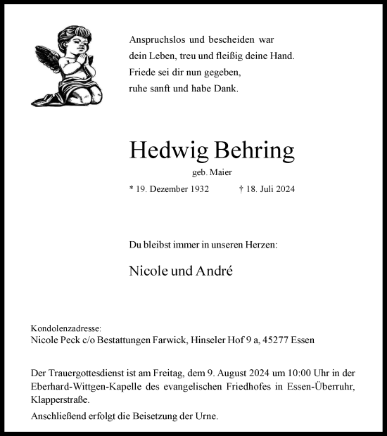 Traueranzeige von Hedwig Behring von Tageszeitung