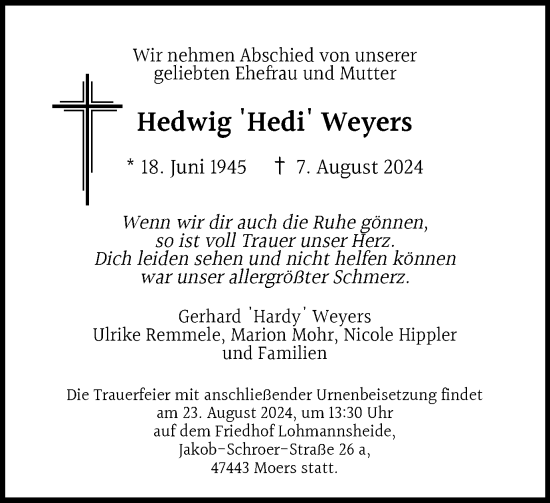 Traueranzeige von Hedwig  Weyers von Tageszeitung