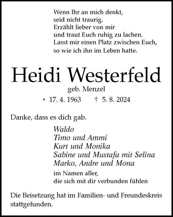 Traueranzeige von Heidi Westerfeld von Tageszeitung
