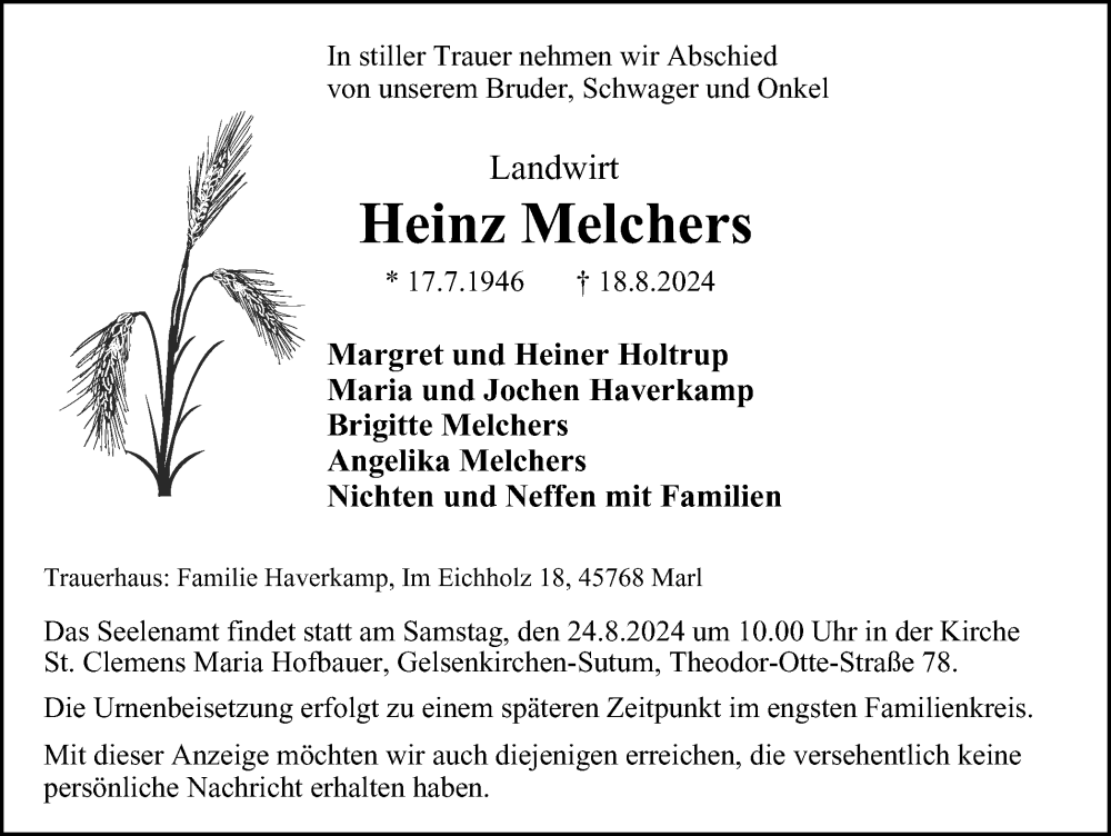  Traueranzeige für Heinz Melchers vom 22.08.2024 aus Tageszeitung