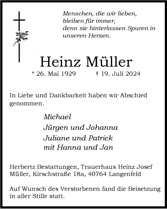 Traueranzeige von Heinz Müller von Tageszeitung