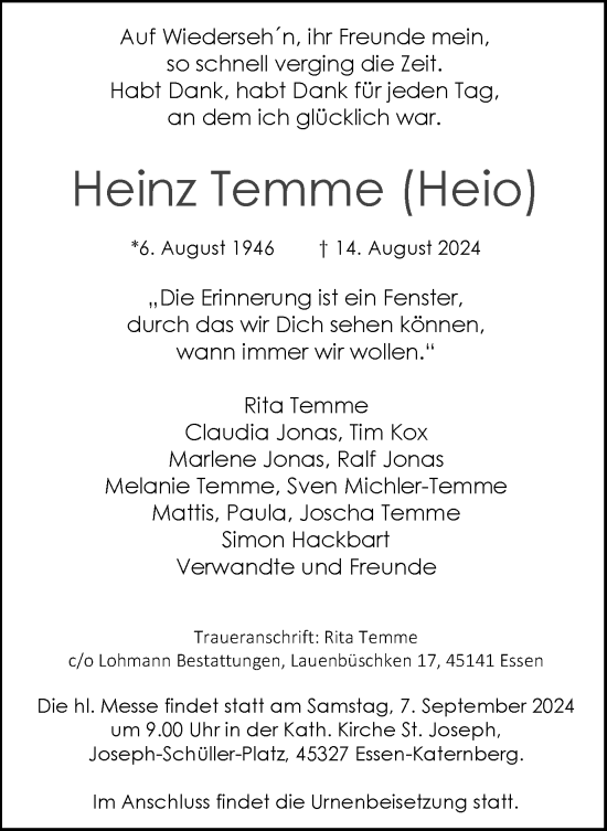 Traueranzeige von Heinz Temme von Tageszeitung