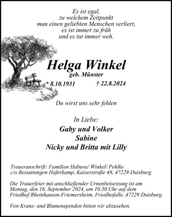 Traueranzeige von Helga Winkel von Tageszeitung