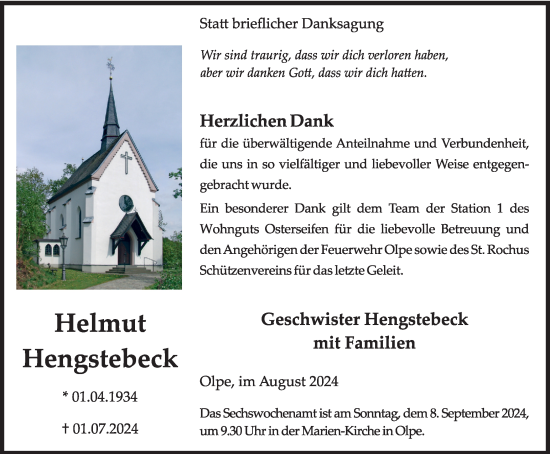 Traueranzeige von Helmut Hengstebeck von Tageszeitung