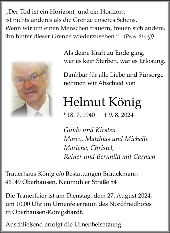Traueranzeige von Helmut König von Tageszeitung