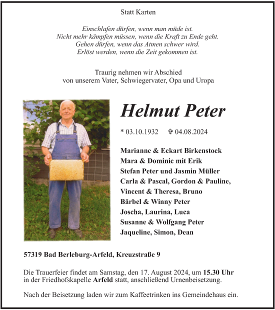 Traueranzeige von Helmut Peter von Tageszeitung