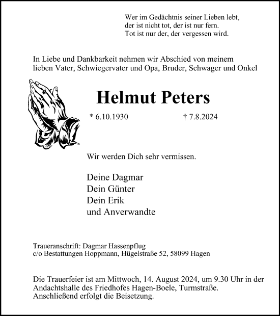 Traueranzeige von Helmut Peters von Tageszeitung