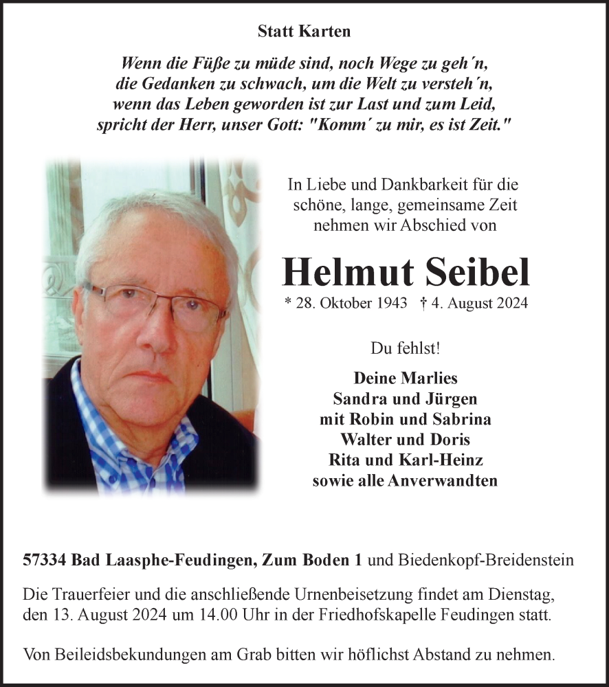  Traueranzeige für Helmut Seibel vom 10.08.2024 aus Tageszeitung