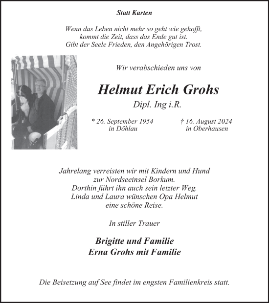 Traueranzeige von Helmut Erich Grohs von Tageszeitung