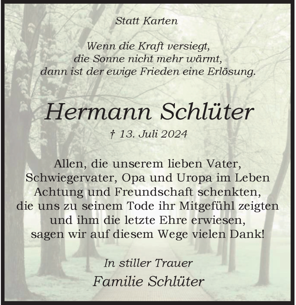  Traueranzeige für Hermann Schlüter vom 31.08.2024 aus Tageszeitung