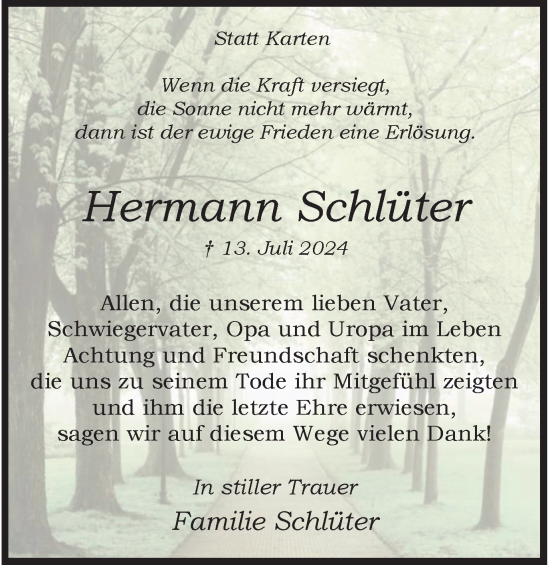 Traueranzeige von Hermann Schlüter von Tageszeitung