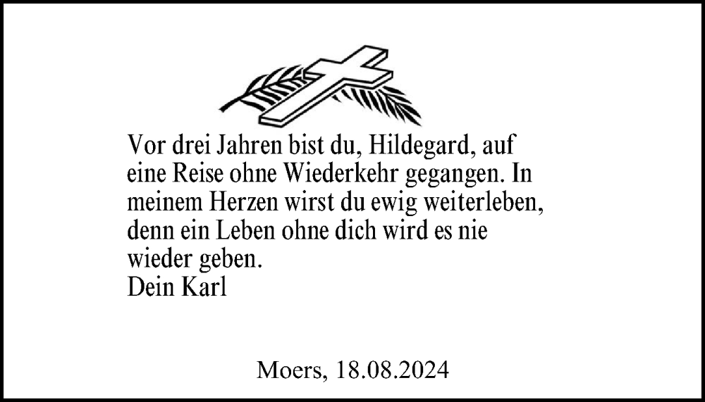  Traueranzeige für Hildegard Arndt vom 19.08.2024 aus Tageszeitung