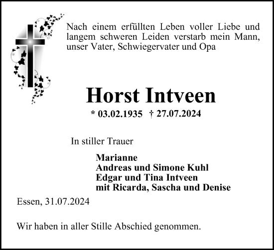 Traueranzeige von Horst Intveen von Tageszeitung
