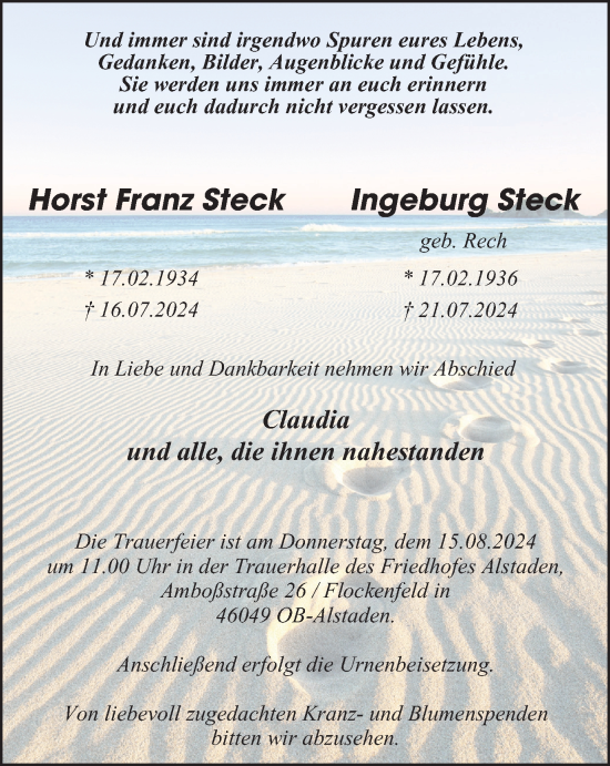 Traueranzeige von Horst und Ingeburg Steck von Tageszeitung