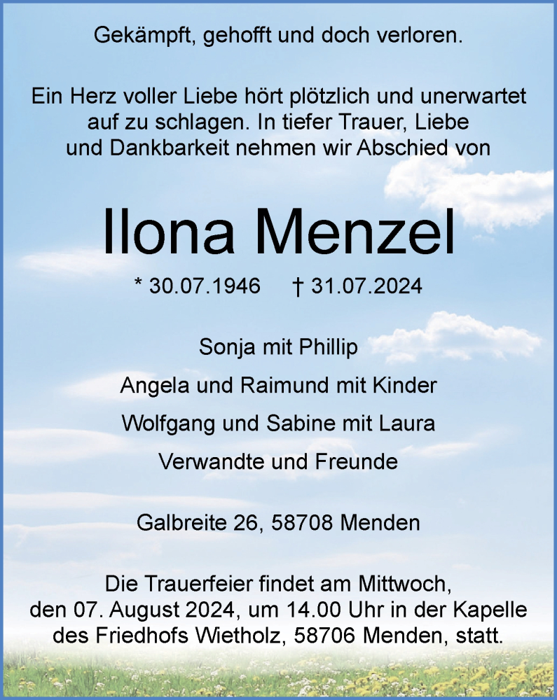  Traueranzeige für Ilona Menzel vom 03.08.2024 aus Tageszeitung