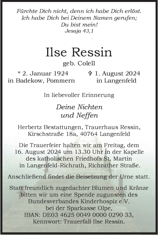 Traueranzeige von Ilse Ressin von Tageszeitung