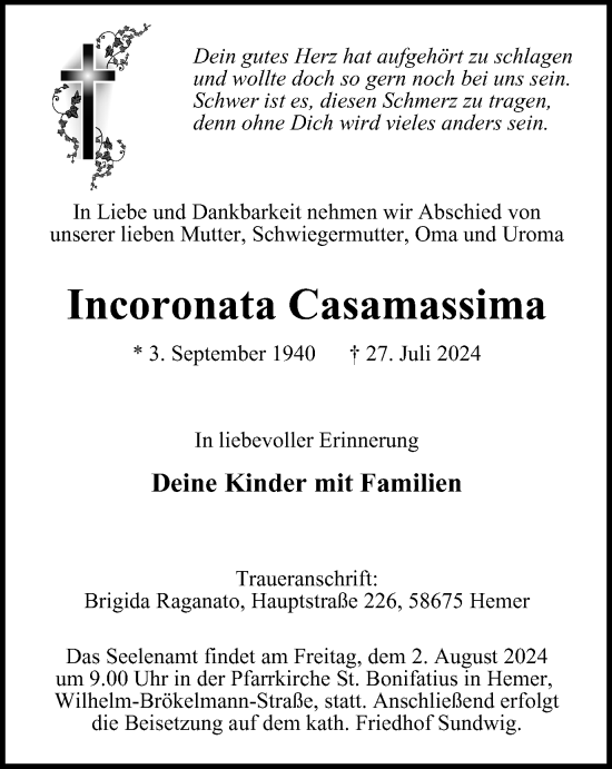 Traueranzeige von Incoronata Casamassima von Tageszeitung