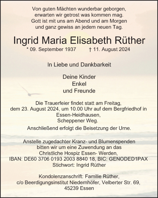 Traueranzeige von Ingrid Maria Elisabeth Rüther von Tageszeitung