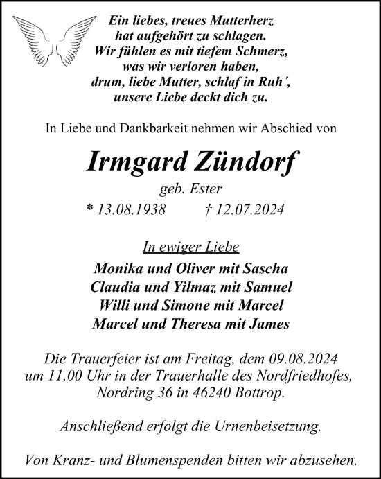 Traueranzeige von Irmgard Zündorf von Tageszeitung