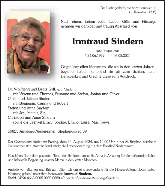 Traueranzeige von Irmtraud Sindern von Tageszeitung