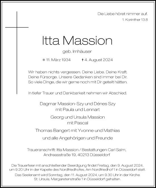 Traueranzeige von Itta Massion von Tageszeitung