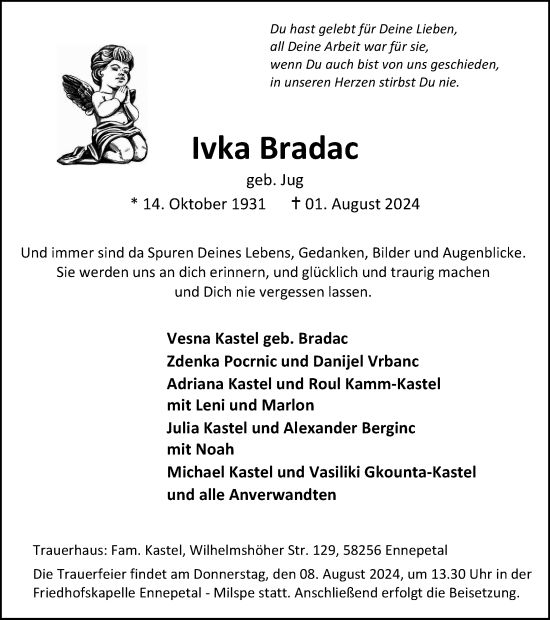 Traueranzeige von Ivka Bradac von Tageszeitung