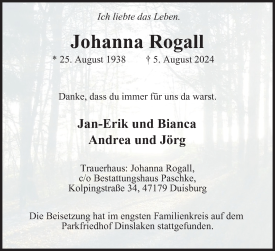 Traueranzeige von Johanna Rogall von Tageszeitung