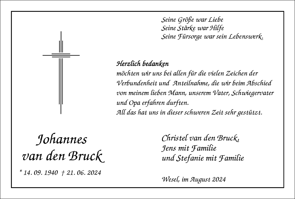  Traueranzeige für Johannes van den Bruck vom 24.08.2024 aus Tageszeitung