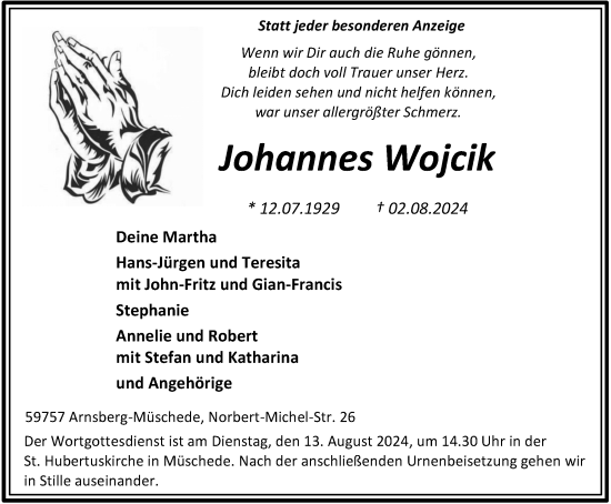 Traueranzeige von Johannes Wojcik von Tageszeitung