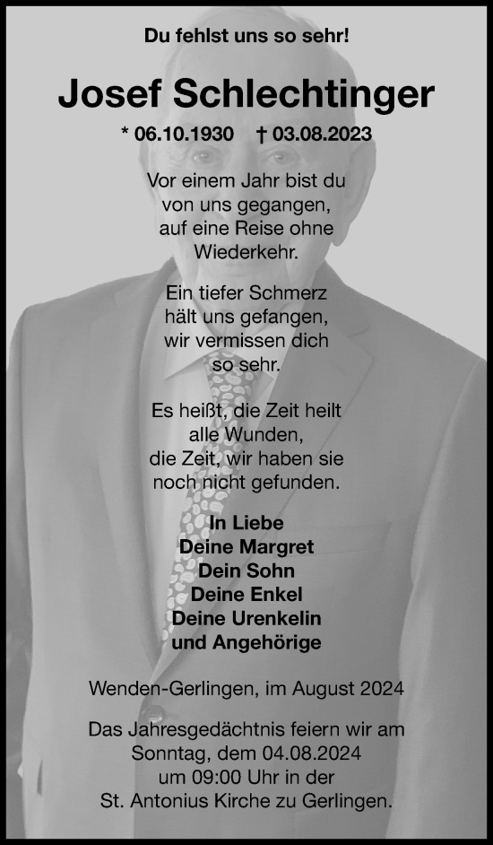 Traueranzeige von Josef Schlechtinger von Tageszeitung