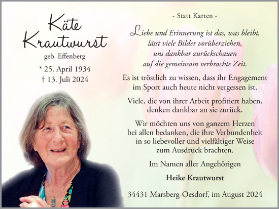 Traueranzeige von Käte Krautwurst von Tageszeitung