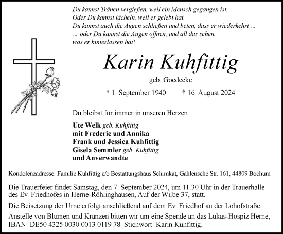 Traueranzeige von Karin Kuhfittig von Tageszeitung