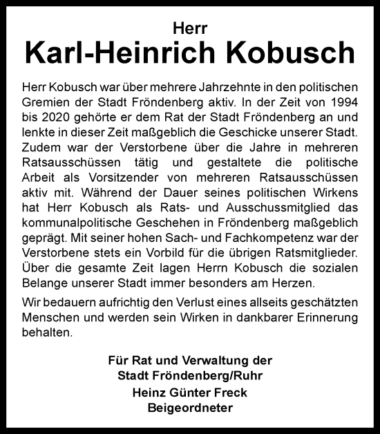 Traueranzeige von Karl-Heinrich Kobusch von Tageszeitung