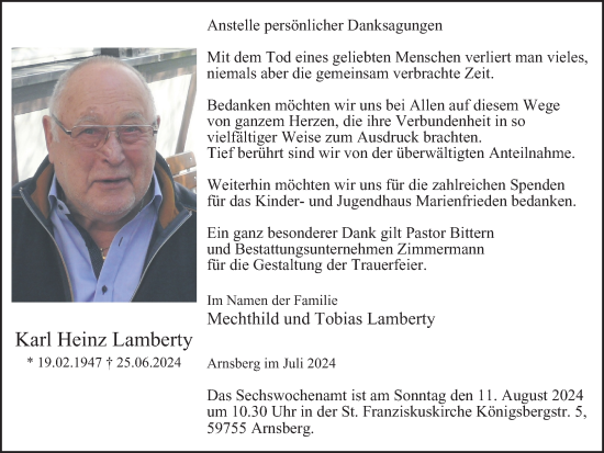 Traueranzeige von Karl Heinz Lamberty von Tageszeitung