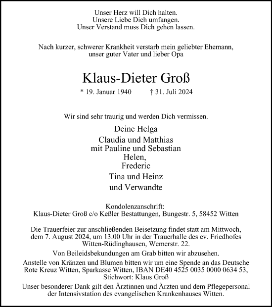 Traueranzeige von Klaus-Dieter Groß von Tageszeitung