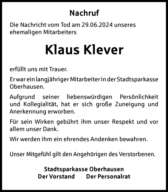 Traueranzeige von Klaus Klever von Tageszeitung