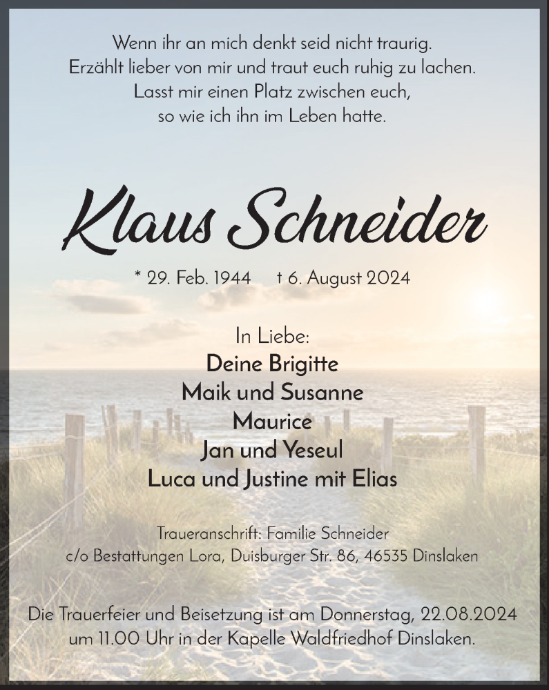  Traueranzeige für Klaus Schneider vom 17.08.2024 aus Tageszeitung